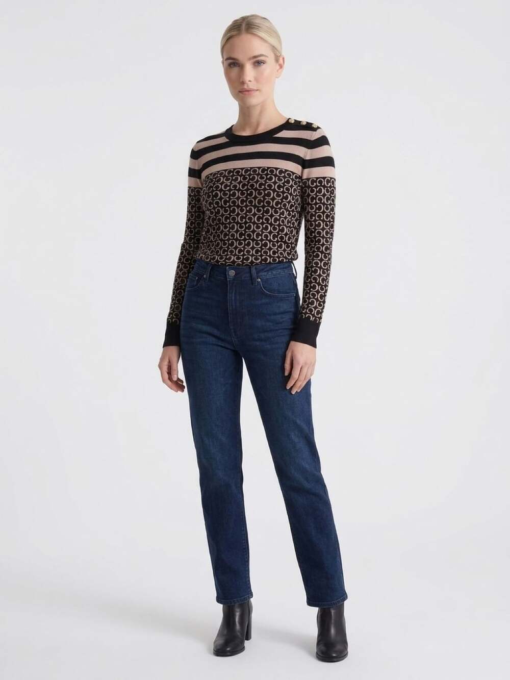 Guess LS Logo Jacquard Sweater Size L Black Beige Striped G Logo